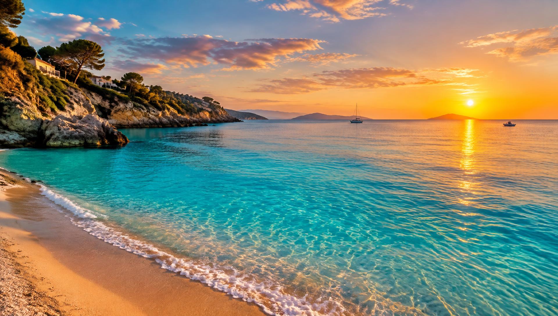 Sunset over a turquoise bay